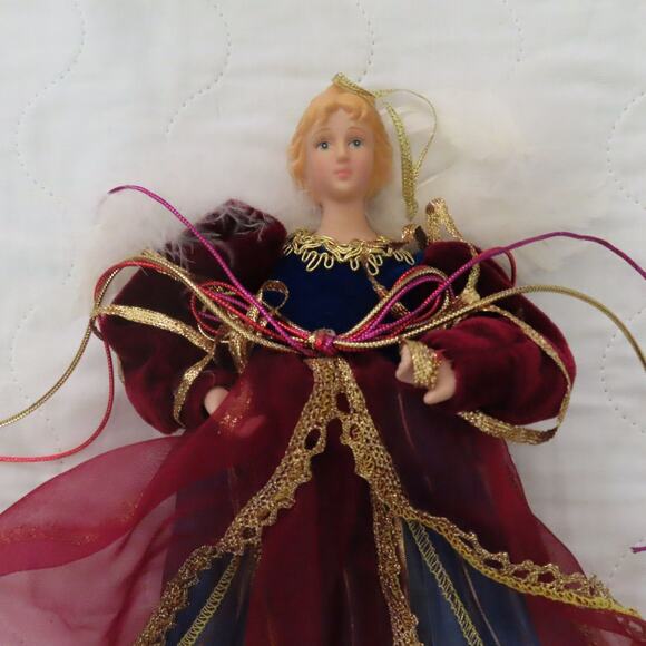 Vintage Flying Angel Christmas Holiday Ornament Burgundy Velvet Organza Dress - Picture 2 of 3